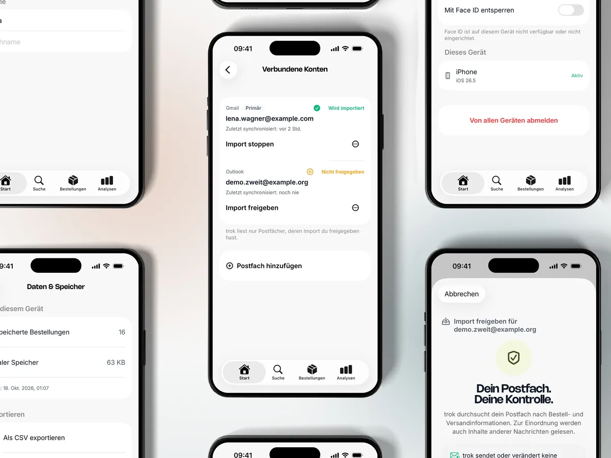 Mehrere iPhones mit trok: verbundene Konten mit „Import stoppen“ und „Import freigeben“, Zustimmung, Datenexport und Sicherheit